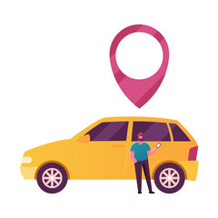 Male Character Use Car Sharing Service for Transportation in City. Man Stand at Auto with Gps Pin above Roof. Taxi, Automobile Rental and Share Mobile Online Application. Cartoon Vector Illustration