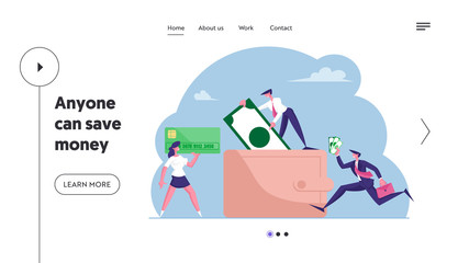 Cash and Credit Cards in Wallet Landing Page Template. Business People Walking around of Huge Purse with Money. Tiny Characters Holding Currency Bills, Paying and Buying. Cartoon Vector Illustration