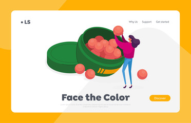 Female Character Testing Luxury Make up Landing Page Template. Character. Woman Using Cosmetics at Cosmetic Open Jar with Powder or Blush Pearls. Girl in Beautician Parlor. Cartoon Vector Illustration