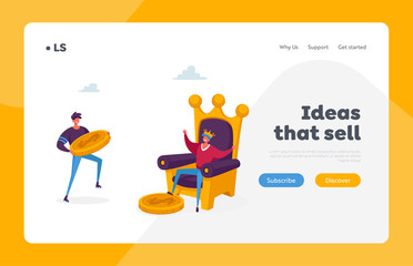 Hype, Viral Info in Social Network Landing Page Template. Trends in Advertising, News and Public Relations. Male Character Give Gold Coin to King Sitting on Throne. Cartoon People Vector Illustration