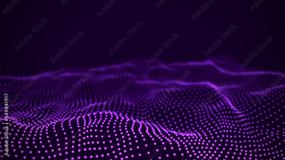 Poster Dynamic particles wave. Purple dots on black background. Digital landscape. 3d rendering. Big data visualization 3D. Futuristic backdrop for design, wallpaper.