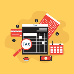 Tax form, money, calculator flat design vector illustration