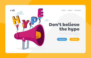Public Relations, Hype Landing Page Template. Tiny Character Hold Huge Letters on Megaphone. Spreading Content in Social Networks, Trends in Advertising, Shock News Cartoon People Vector Illustration