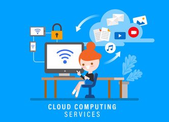 Cloud computing services, Online security concept illustration. Girl with computer in her workspace. Flat design style cartoon character and icons.