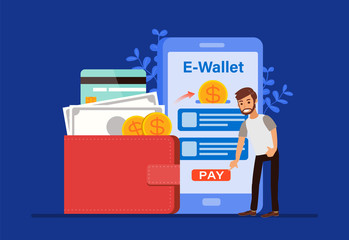 E-Wallet concept, People cartoon character making payment with smartphone. Mobile shopping money transaction technology. Flat design style illustration.