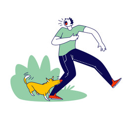 Aggressive Dog Biting Man Leg. Male Character Attacked with Angry Animal on Street Crying and Feel Pain. Social Problem of Mad Homeless Pets. Guardian Dog Protect Home. Linear Vector Illustration
