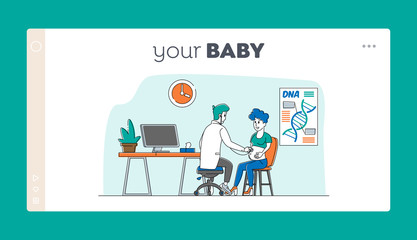 Pregnancy Check Up, Maternity Landing Page Template. Pregnant Woman at Doctor Appointment in Clinic. Male Doctor Character Listening Baby Heart Beating. Linear Vector People Vector Illustration