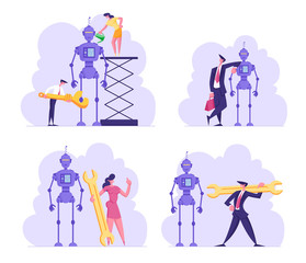 Set Cyborg Creating Process. Engineers or Business People Characters Set Up Huge Robot. Woman with Oiler, Man with Wrench. Artificial Intelligence Assembly Technology. Cartoon Vector Illustration