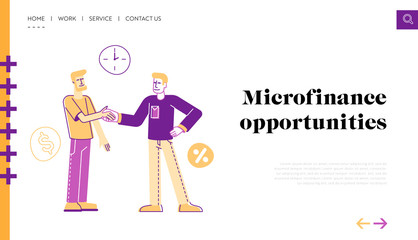 Banking Loan, Deal Landing Page Template. Man Borrower Shaking Hand with Employee Character Taking Debt in Bank or Micro Credit Organization. Finance Problem Quick Solution. Linear Vector Illustration