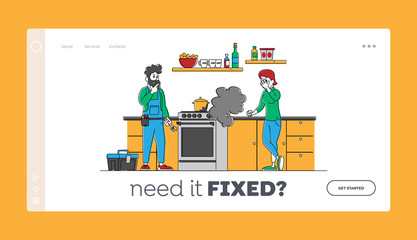 Obraz na płótnie Canvas Repair Home Technics Service Landing Page Template. Man Electrician Character in Uniform Holding Wrench for Fixing Broken Oven to Customer. Husband for Hour. Linear Vector People Vector Illustration