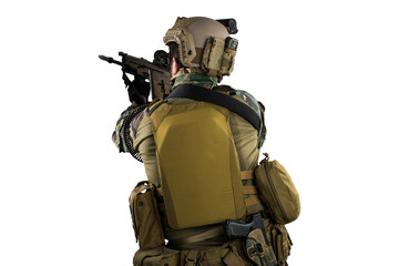 US marine corps soldier with weapon. Shot in studio. isolated with clipping on white background.