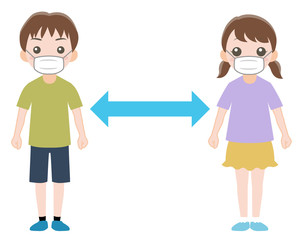 マスクをして距離を取る男の子と女の子