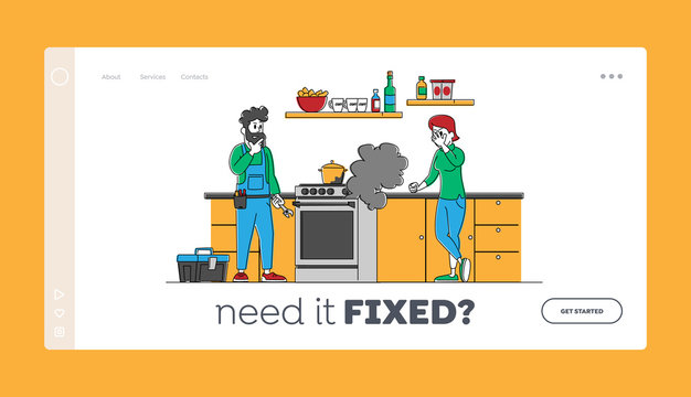 Repair Home Technics Service Landing Page Template. Man Electrician Character In Uniform Holding Wrench For Fixing Broken Oven To Customer. Husband For Hour. Linear Vector People Vector Illustration