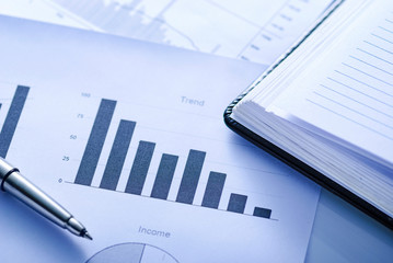 Open office journal on a bar graph with pen