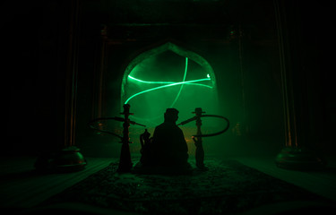 A realistic Arabian interior miniature with window and columns. Hookah hot coals on shisha bowl...