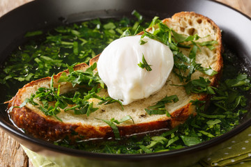 Recipe for this garlicky bread soup Acorda with poached egg close-up in a plate. horizontal