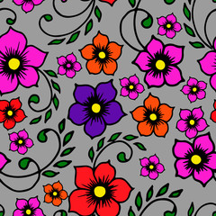 seamless pattern, pattern of stylized flowers and leaves, in vivid colors, ethnic style, wallpaper and fabric ornament, wrapping paper