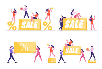 Big Sale Set. Promoter Characters with Megaphone Stand on Podium with Percent Symbol. Customer Holding Gift. Special Shopping Offer Promotion Discount and Price Off. Cartoon People Vector Illustration