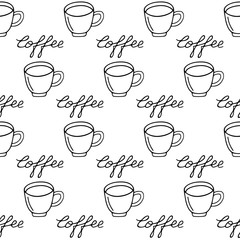 Large mug of coffee or cocoa hand-drawn. Vector seamless doodle pattern on white background. Design for textile, print