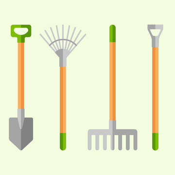 Gardening tools set. Shovel, rake and hoe flat vector illustrations.