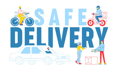 Safe Delivery Concept. Courier Characters Wearing Mask Delivering Goods to Customers During Coronavirus Pandemic Use Car, Bike, Scooter on Foot Poster Banner Flyer. Linear People Vector Illustration