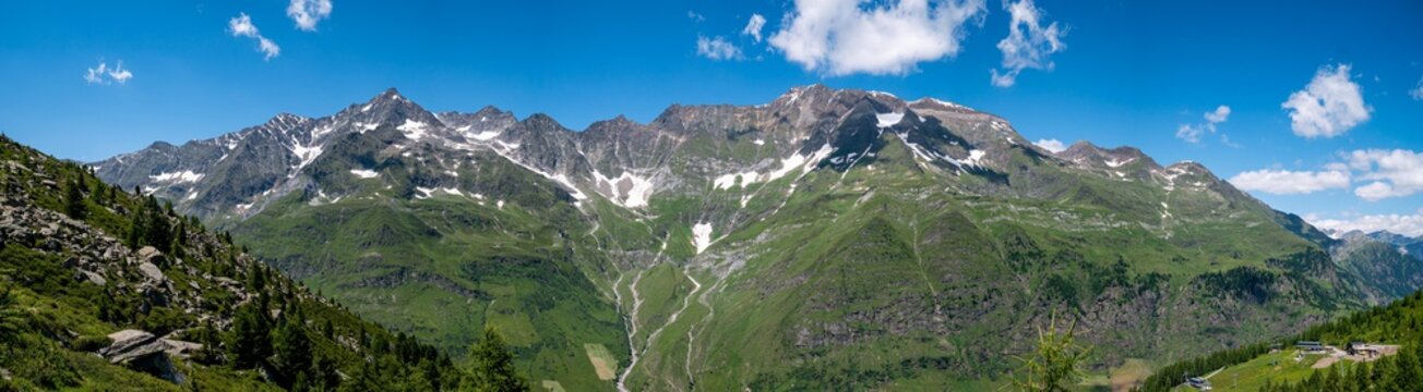 Mountain panorama landscape of the Italian alps in Pfelders South Tyrol during a summer hike.