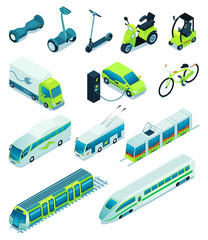 Isometric Electric Transport Ecology Friendly Vehicle Icon Set
