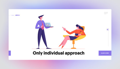 Financial Presentation Landing Page Template. Business Man Character Show Laptop with Statistics Charts and Graphs to Businesswoman in Conference Meeting Room. Cartoon People Vector Illustration