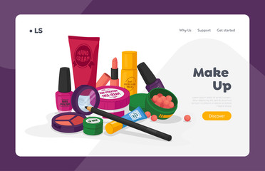 Female Cosmetics Landing Page Template. Nail Polish, Hand Cream and Lip Balm, Hydration Face Cream, Eye Hydro Gel and Lipstick, Mascara, Powder, Micellar Milk. Eye Shadow. Cartoon Vector Illustration
