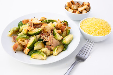 Roasted Brussel Sprouts, Bacon and Croutons