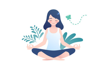 woman meditate lotus posture nature background illustration cartoon style