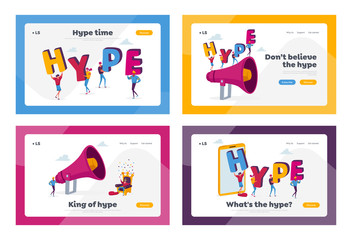 Hype, Viral Internet Content Landing Page Template Set. Tiny Characters Hold Huge Letters Making Word Hype. Fake Information and Ideas, Shock News in Social Media. Cartoon People Vector Illustration