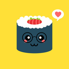 Fototapeta premium Cute happy funny smiling sushi,roll. Happy Sushi Roll Cartoon Mascot Character Waving. Vector Illustration Flat Style Isolated On color background