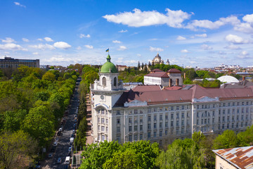 Fototapeta na wymiar Aerial view on Lviv Railway administration building in Lviv, Ukraine from drone