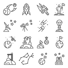 A set of space icons related to the exploration, exploration and study of space, as well as planets. A simple linear image of various options. Isolated vector on a white background.