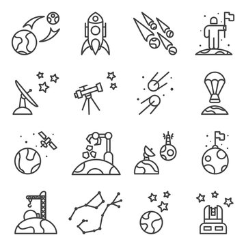A set of space icons related to the exploration, exploration and study of space, as well as planets. A simple linear image of various options. Isolated vector on a white background.