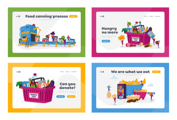 Food Donation, Canned Products Manufacture and Snacks Landing Page Template Set. Tiny Characters Collecting Basket to Help Poor People, Conveyor Belt, Fastfood. Cartoon People Vector Illustration
