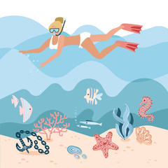 Woman character free diving or snorkeling underwater on sea bottom with corals and seaweed. Girl swimmer. Active recreation, vacation and leisure activity. Cartoon Flat Vector Illustration.