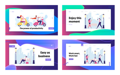 Business People Walk on City Street Landing Page Template Set. Characters. Men and Women Characters in Formal Wear Hurry at Work, Speak by Mobiles Sitting on Bench. Cartoon People Vector Illustration
