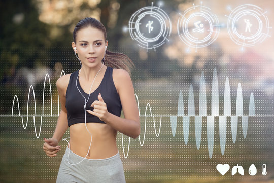 Young Jogger With Earphones Exercising And Listening To Music Outdoors. Collage With Health Info On Virtual Screen