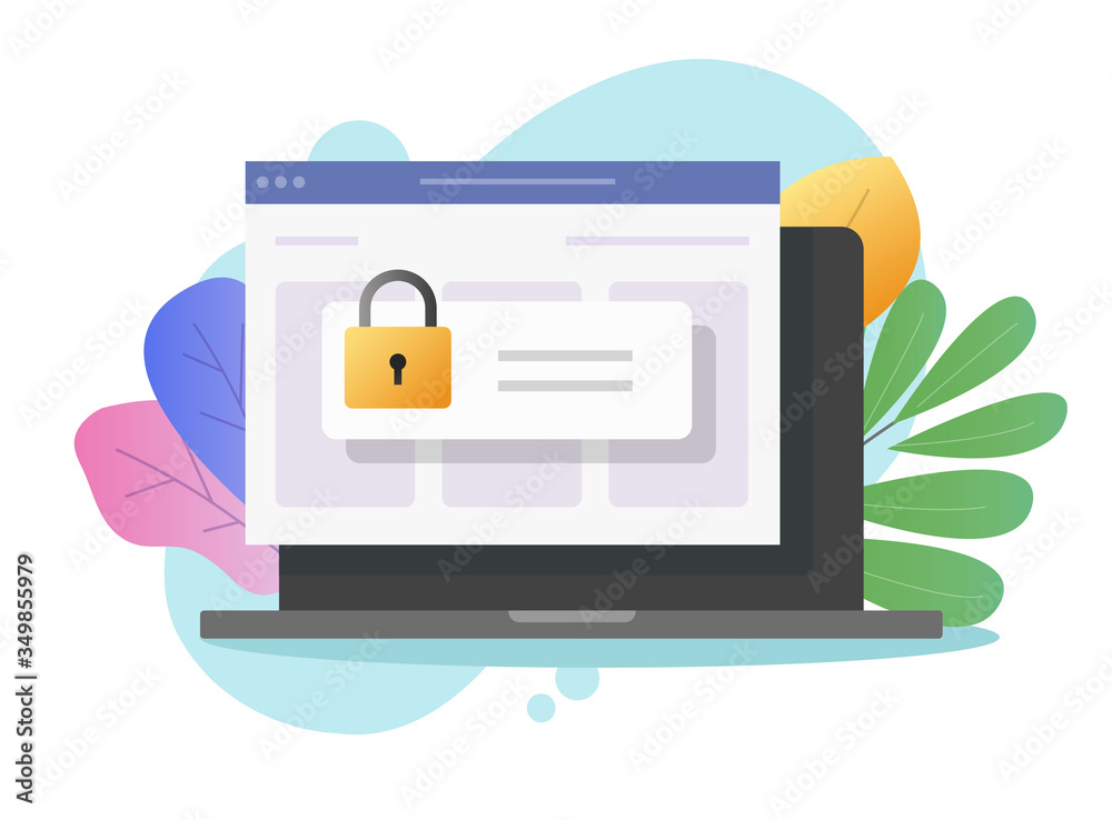 Poster password secure access on laptop computer on web internet browser window vector flat cartoon, pc loc