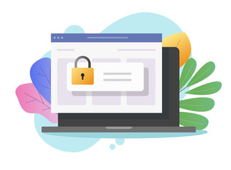Password secure access on laptop computer on web internet browser window vector flat cartoon, pc lock or padlock as digital privacy website entry online, protection or authorization colorful image