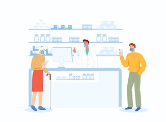 Elderly woman and young man buys drugs at a pharmacy.