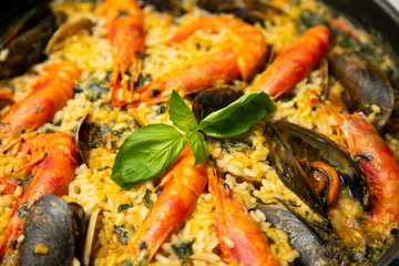 Seafood paella in a spanish restaurant