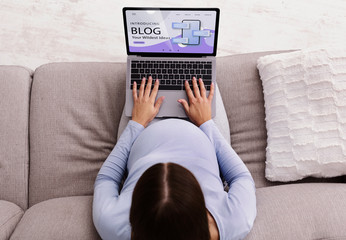 Top view of pregnant woman using laptop to write in her maternity blog at home, collage
