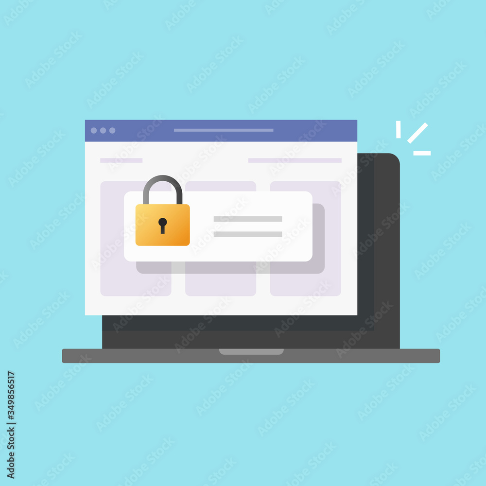 Poster password secure access on laptop computer and web internet browser window flat cartoon vector, pc an