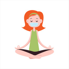 Girl meditates in a medical mask