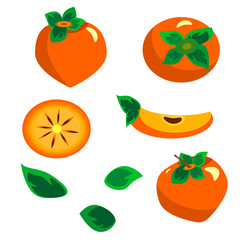  Fresh fruit. In flat style illustration. Set with persimmon.