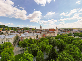 Fototapeta na wymiar View on Lviv city hall from drone