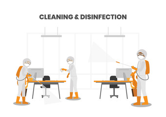 Specialists wear protective face masks and PPE suits, a deep cleaning regimen includes biohazard disinfectant on all surfaces in office workspace COVID-19 outbreak prevention.